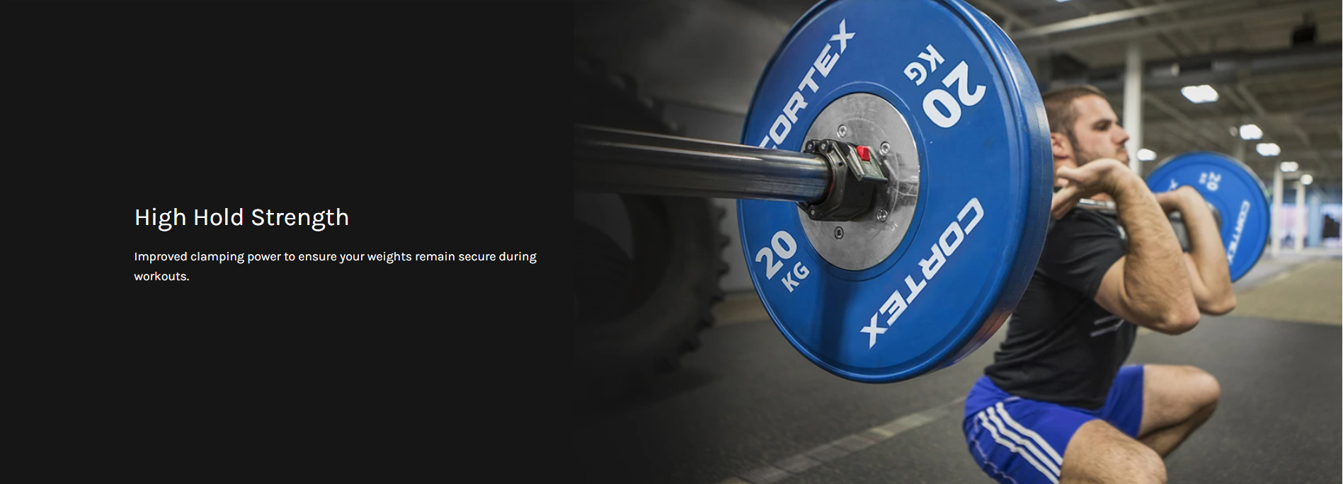 Barbell with Cortex weights secured by Olympic jaw lock collars